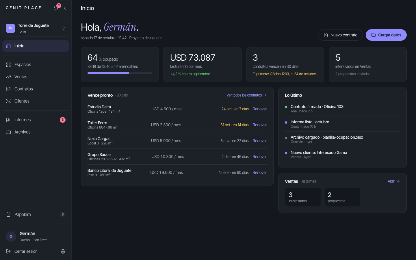 The desktop Home in dark mode: occupancy, billing, what expires soon and the latest activity.